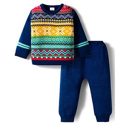 Babyhug Knitted Full Sleeves Sweater Set With Aztec Design - Navy Blue