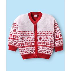 Babyhug Knitted Full Sleeves Front Open Sweater Set With Aztec Design - Red & White