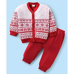 Babyhug Knitted Full Sleeves Front Open Sweater Set With Aztec Design - Red & White