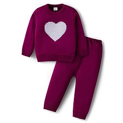 Babyhug Knitted Full Sleeves Sweater Set With Heart Fur Detailing - Wine