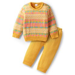 Babyhug Knitted Full Sleeves Sweater Set With Floral Design - Yellow