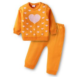 Babyhug Knit Full Sleeves Sweater Set With Heart Design - Yellow