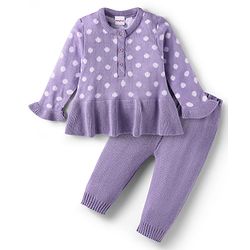 Babyhug Knit Full Sleeves Polka Dot Design Sweater & Pant Set - Violet