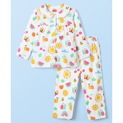 Babyhug Cotton Knit Full Sleeves Co-ords Front Open Night Suit With Floral Print - White