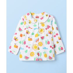 Babyhug Cotton Knit Full Sleeves Co-ords Front Open Night Suit With Floral Print - White