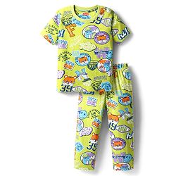 Babyhug Cotton Knit Half Sleeves Co-ords Night Suit With Animal Print - Green