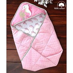 Babyhug Premium Cotton Hooded Wrapper Seahorse Theme - Pink| Travel Friendly| Washable and Easy to Maintain| Breathable cotton Material| Adjustable Size| Ideal for New Born| Gifting Option| Warm and Cozy| Soft and Comfortable| Skin Friendly