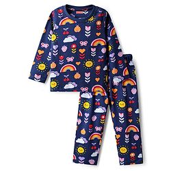 Babyhug Cotton Knit Full Sleeves Co-ords Night Suit With Floral Print - Navy Blue