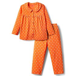 Babyhug Cotton Knit Full Sleeves Front Open Co-ords Night Suit With Polka Dot Print - Orange