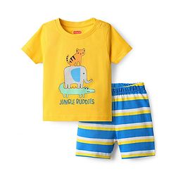 Babyhug Cotton Knit Half Sleeves Shorts Night Suit With Animal Print - Yellow & Blue