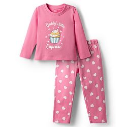 Babyhug Cotton Knit Full Sleeves Night Suit with Cupcake & Heart Print - Pink