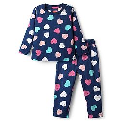 Babyhug Cotton Knit Full Length Co-ords Night Suit With Heart Print - Navy Blue