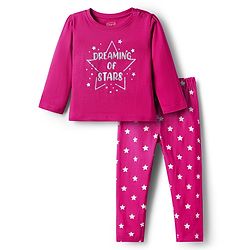 Babyhug Cotton Knit Full Sleeves Night Suit with Star Print - Dark Pink