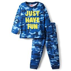 Babyhug Cotton Knit Full Sleeves Co-Ord Night Suit With Text & Camouflage Print - Blue