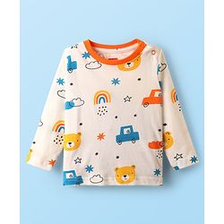 Babyhug Cotton Knit Full Sleeves Co-Ord Night Suit with Vehicle Print - White