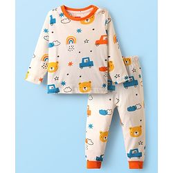 Babyhug Cotton Knit Full Sleeves Co-Ord Night Suit with Vehicle Print - White