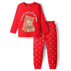 Babyhug Cotton Knit Full Sleeves Night Suit With Animal & Star Print - Red