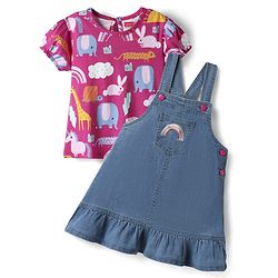 Babyhug Cotton Knit Frock & Half Sleeves Inner Tee With Animal Print & Rainbow Embroidery - Blue & Pink