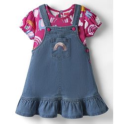 Babyhug Cotton Knit Frock & Half Sleeves Inner Tee With Animal Print & Rainbow Embroidery - Blue & Pink