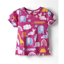 Babyhug Cotton Knit Frock & Half Sleeves Inner Tee With Animal Print & Rainbow Embroidery - Blue & Pink