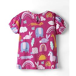 Babyhug Cotton Knit Frock & Half Sleeves Inner Tee With Animal Print & Rainbow Embroidery - Blue & Pink