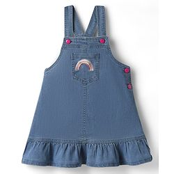 Babyhug Cotton Knit Frock & Half Sleeves Inner Tee With Animal Print & Rainbow Embroidery - Blue & Pink