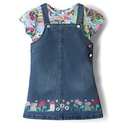 Babyhug Cotton Knit Half Sleeves Floral Printed Frock With Inner Tee - Blue