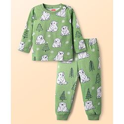 Babyhug Cotton Knit Full Sleeves Co-Ords Night Suit With Bear Print - Green