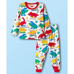 Babyhug Cotton Knit Full Sleeves Co-ords Night Suit With Dino Print - White