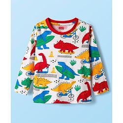 Babyhug Cotton Knit Full Sleeves Co-ords Night Suit With Dino Print - White