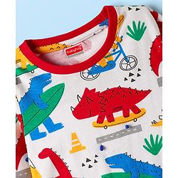 Babyhug Cotton Knit Full Sleeves Co-ords Night Suit With Dino Print - White