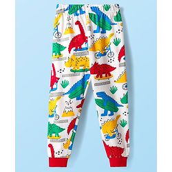 Babyhug Cotton Knit Full Sleeves Co-ords Night Suit With Dino Print - White