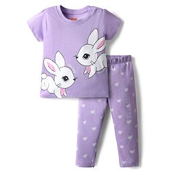 Babyhug 100% Cotton Knit Half Sleeves Night Suit With Animal & Heart Print - Lavender