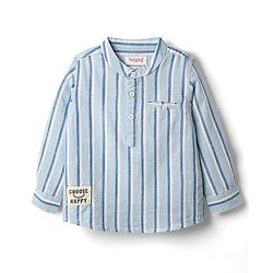 Babyhug 100% Cotton Full Sleeves Striped Shirt With Mandarin Collar - Light Blue