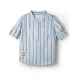 Babyhug 100% Cotton Full Sleeves Striped Shirt With Mandarin Collar - Light Blue