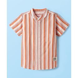 Babyhug 100% Cotton Half Sleeves Striped Shirt With Mandarin Collar - Orange & Pink