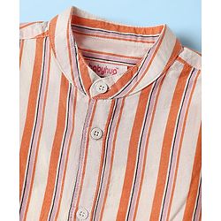 Babyhug 100% Cotton Half Sleeves Striped Shirt With Mandarin Collar - Orange & Pink
