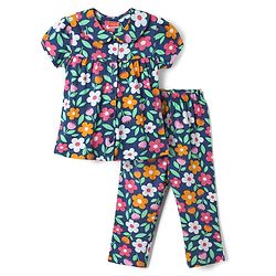 Babyhug Cotton Knit Half Sleeves Front Open Co-ords Night Suit With Floral Print - Navy Blue