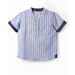 Babyhug 100% Cotton Half Sleeves Striped Shirt With Mandarin Collar - Blue
