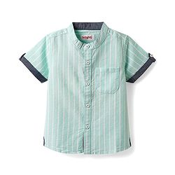 Babyhug 100% Cotton Half Sleeves Striped Shirt With Mandarin Collar - Aqua Blue