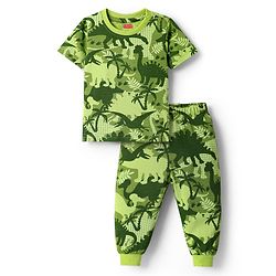 Babyhug Cotton Knit Half Sleeves  Co-ords Night Suit With Dino Print - Green