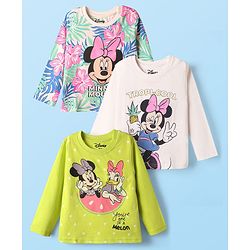 Babyhug Disney Single Jersey Knit Full Sleeve T-Shirt with Minnie Mouse Graphic Pack of 3 - Limegreen & White