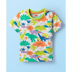 Babyhug 100% Cotton Knit Half Sleeves T-Shirt with Dino Print - White