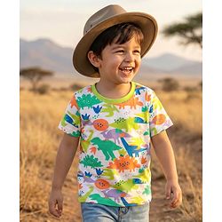 Babyhug 100% Cotton Knit Half Sleeves T-Shirt with Dino Print - White