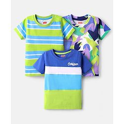 Babyhug Cotton Knit Half Sleeves T-Shirt With Stripes & Abstract Pack Of 3 - Neon Green & Blue