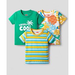 Babyhug 100% Cotton Knit Half Sleeves T-Shirt With Stripes & Tropical Print Pack Of 3 - Yellow & Green