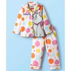 Babyhug Disney Single Jersey Knit Full Sleeves Co-ords Front Open Night Suit With Marie Graphics - White