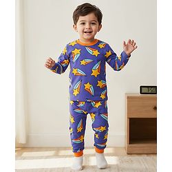 Babyhug Cotton Knit Full Sleeves Co-ords Night Suit With Star Print - Violet
