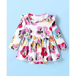 Babyhug Disney Interlock Knit Full Sleeves Frock Style Onesie with Bow Applique & Minnie Mouse Graphics - White