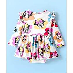 Babyhug Disney Interlock Knit Full Sleeves Frock Style Onesie with Bow Applique & Minnie Mouse Graphics - White